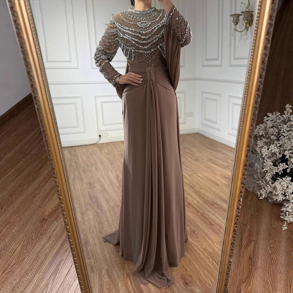 Luxury Designer Modest Brown Stretch Material Mermaid Evening Dress LA72993