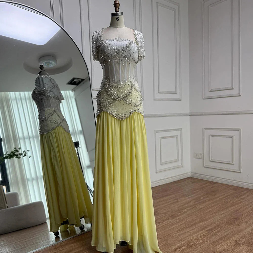 Luxury Yellow Pearls A-Line Evening Dress with Flowing Coat LA72978