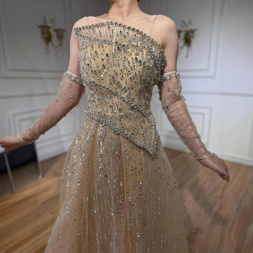 Luxury Nude Crystal Beaded A-Line Evening Dress with Split LA72949