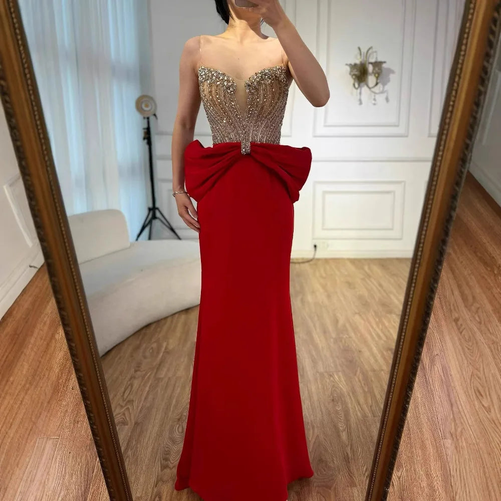 Luxury Red Satin Evening Dress with Bow Designer Gown LA73060