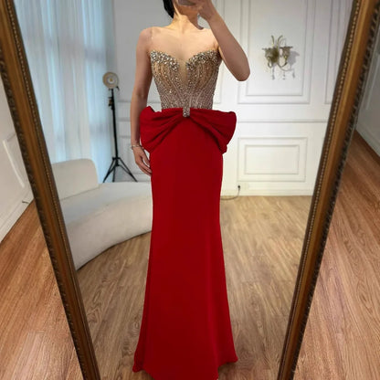 Luxury Red Satin Evening Dress with Bow Designer Gown LA73060