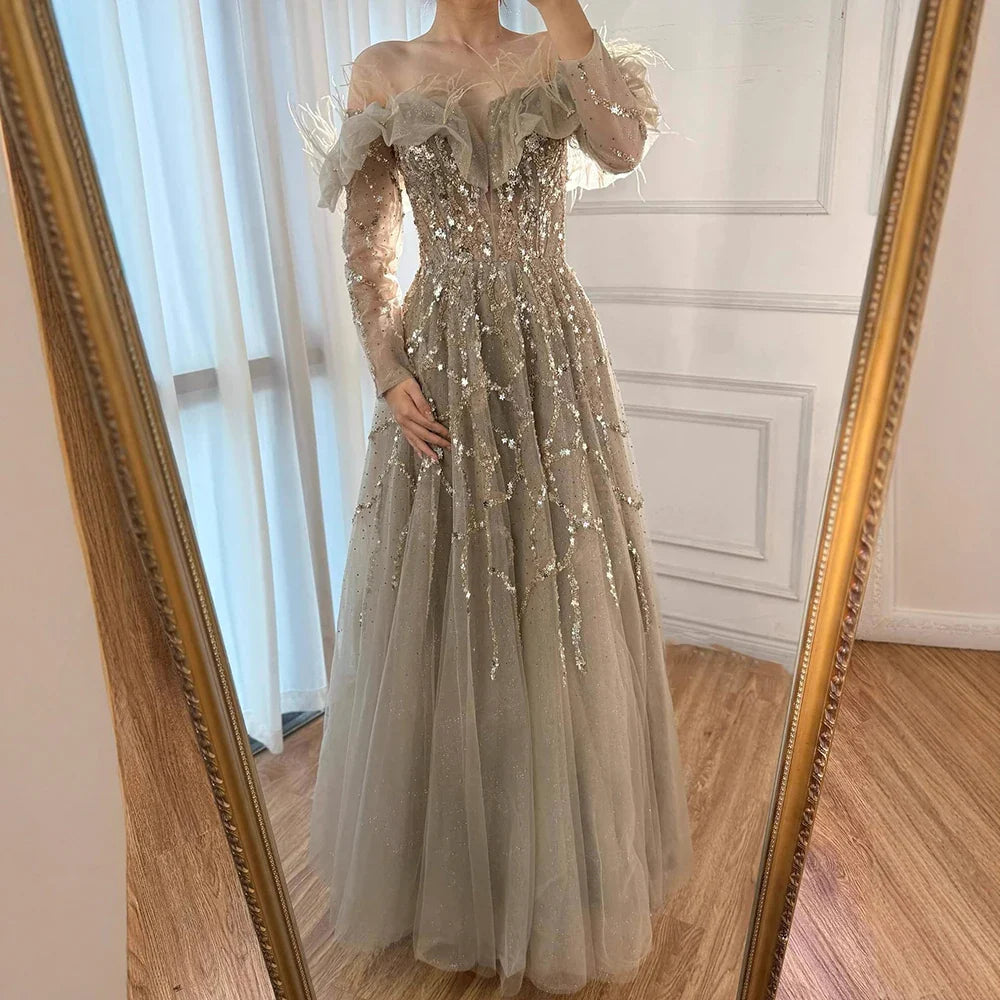 Luxury Caramel Beaded Feather A-Line Sparkle Evening Dress LA71328A