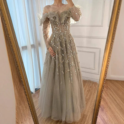 Luxury Caramel Beaded Feather A-Line Sparkle Evening Dress LA71328A
