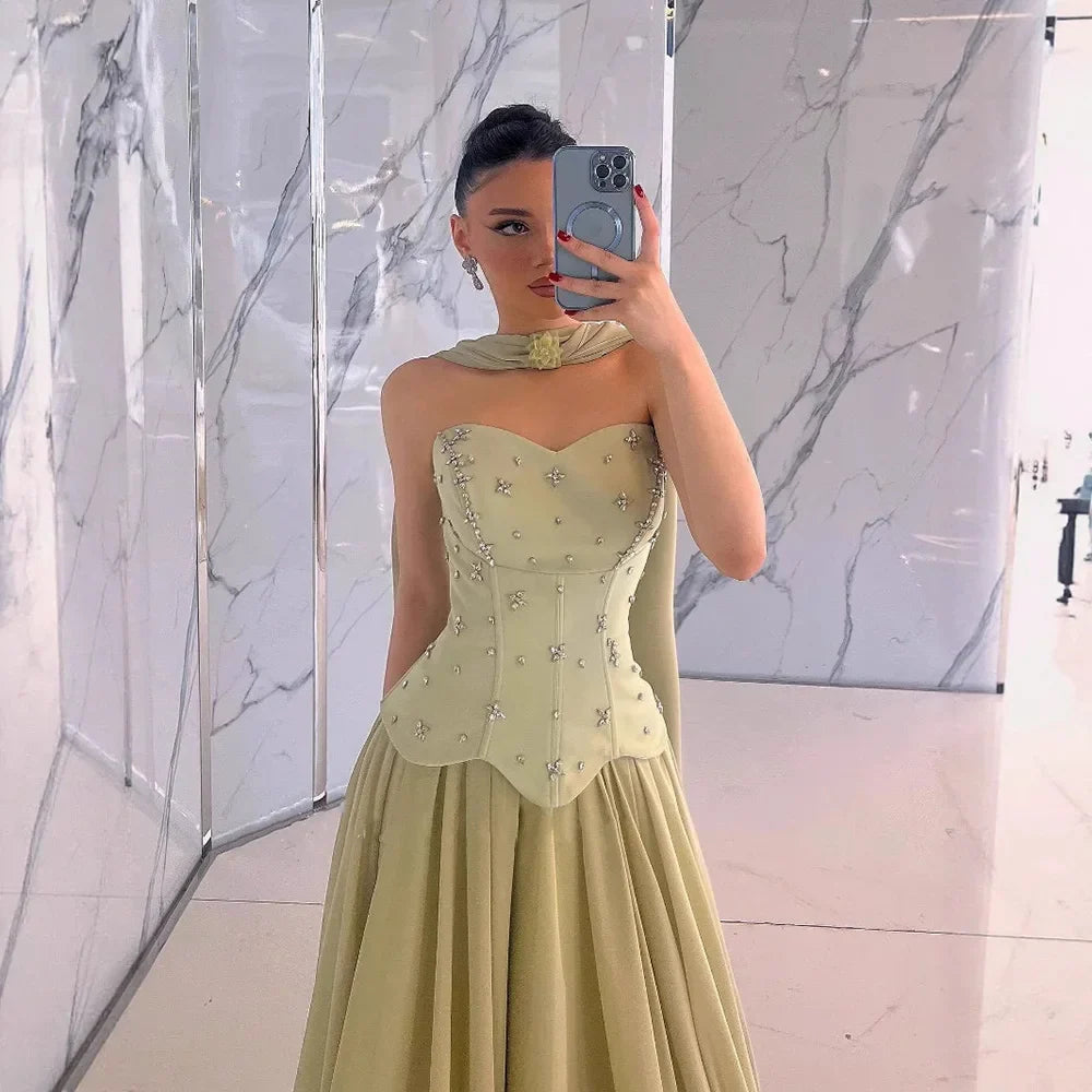 Elegant Sage Green Strapless A-Line Chiffon Evening Dress LA73073