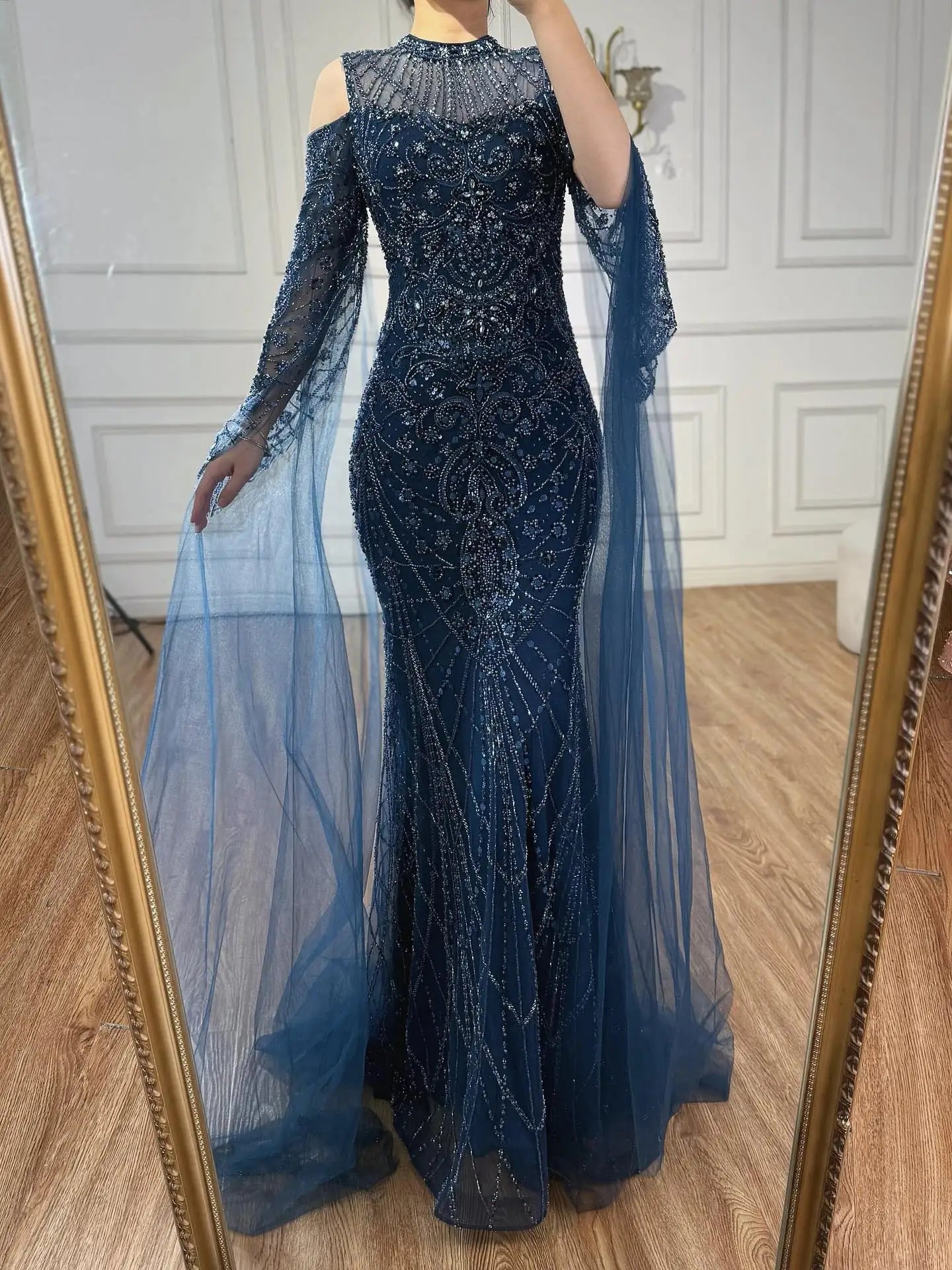 Luxury Dubai Navy Blue Beaded Lace Evening Dress with Cape Sleeves LA73323