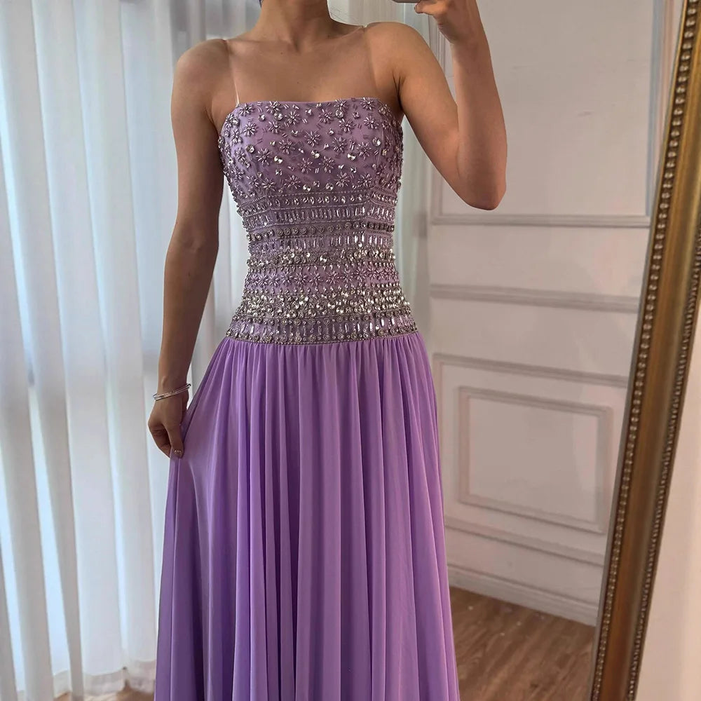 Lilac Strapless Beaded A Line Arabic Evening Dress LA73044