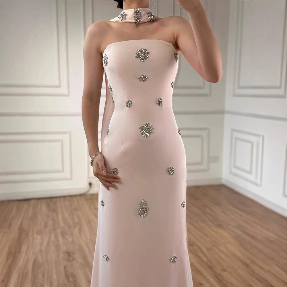Luxury Blue Arabic Mermaid Crystal Evening Dress with Cape LA73100