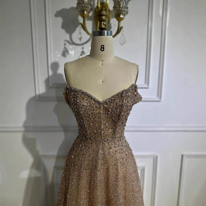 Caramel Off Shoulder A-Line Arabic Evening Dress LA72147B
