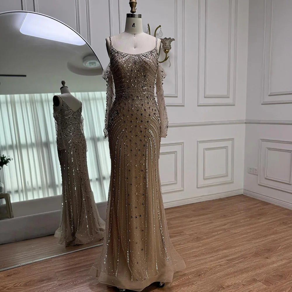 Luxury Nude Navy Blue Beaded Evening Dress with Long Sleeves LA73120