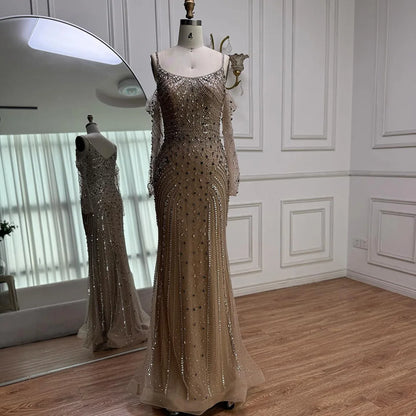 Luxury Nude Navy Blue Beaded Evening Dress with Long Sleeves LA73120