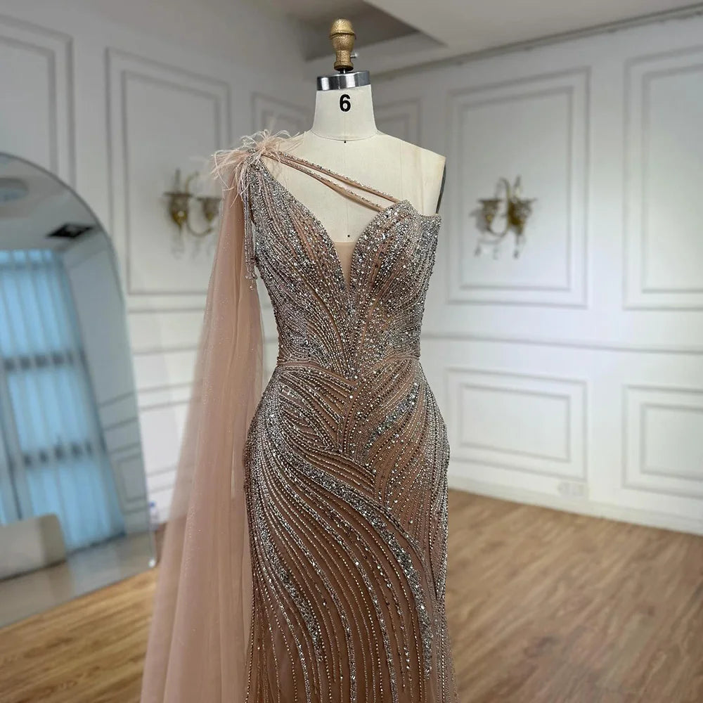 Luxury Caramel One Shoulder Beaded Mermaid Evening Dress LA72895