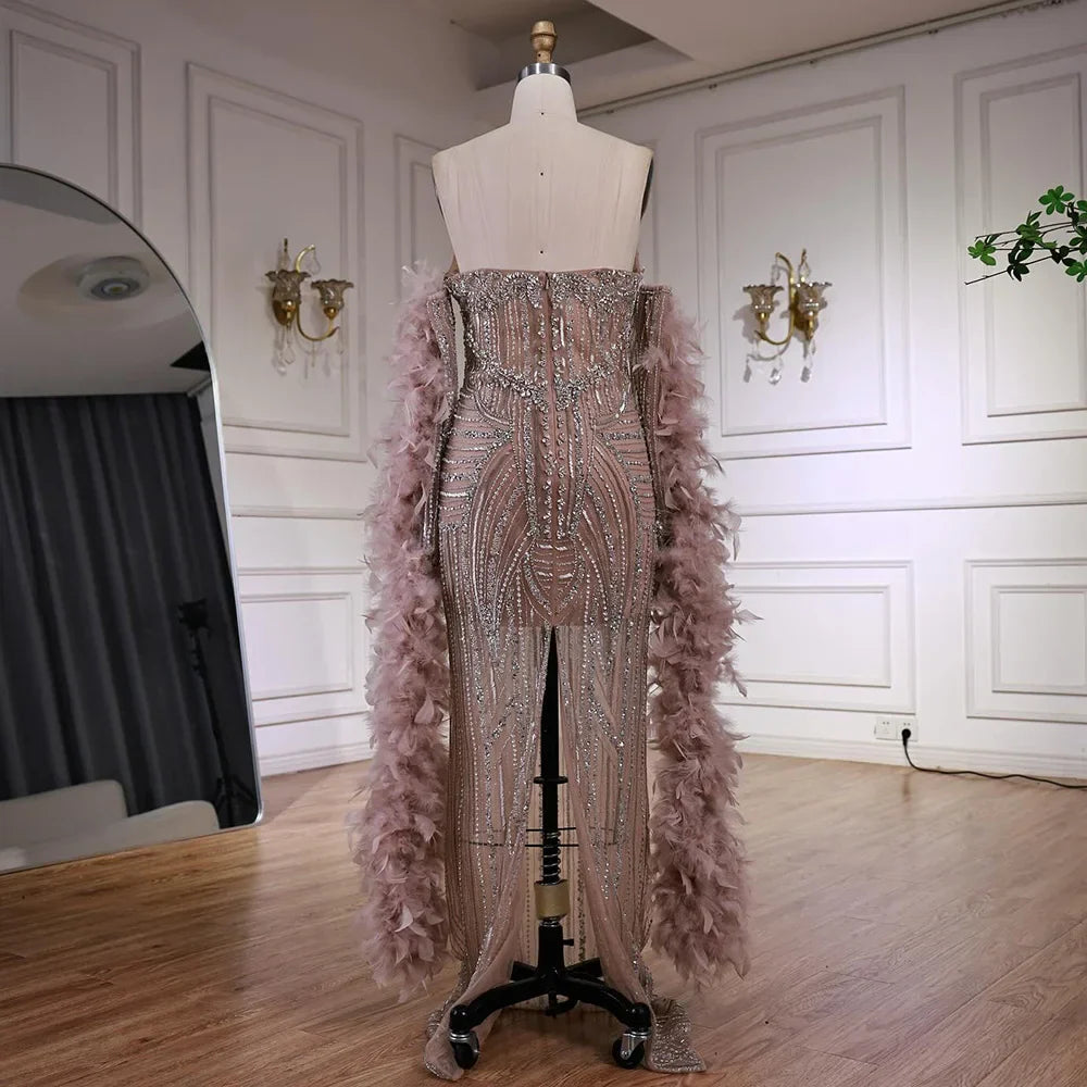 Luxury Caramel Beaded Mermaid Evening Dress with Feather Sleeves LA73055