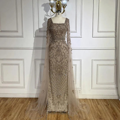 Luxury Turquoise Evening Dress With Cape Sleeves Square Neck LA72400