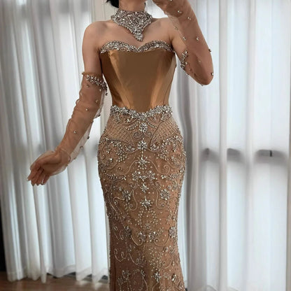 Luxury Beaded   Evening Dress Sheer Long Gloves LA72929