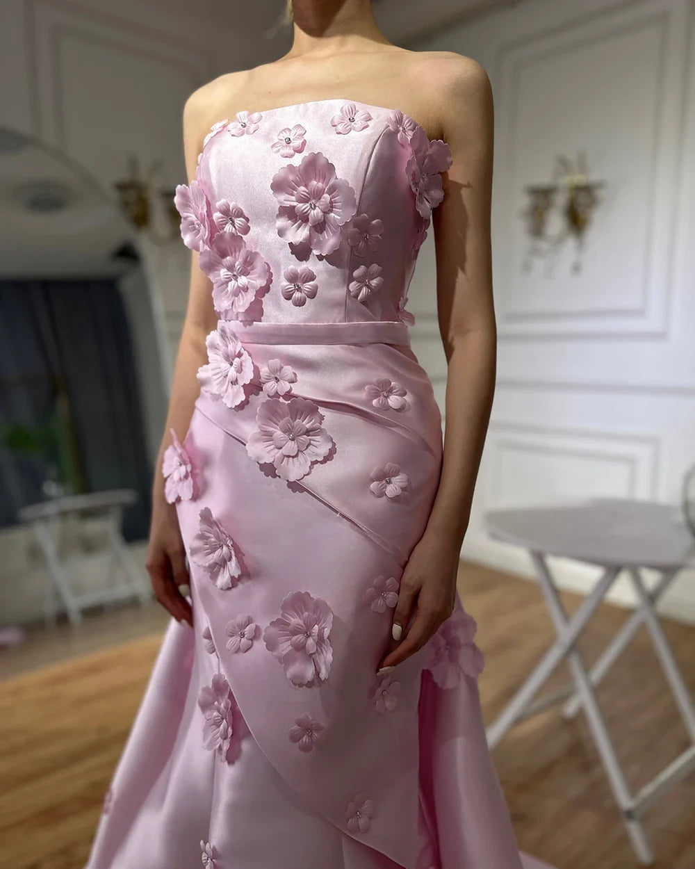 Luxury Pink Ruched Appliques Satin Mermaid Evening Dress Gown Lace-Up Back for Formal Occasion LA72740