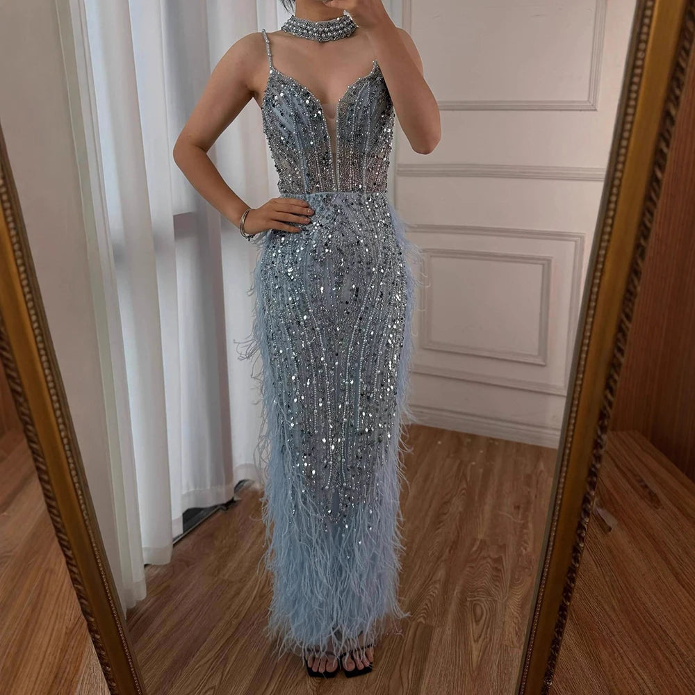 Luxury White Nude Mermaid Spaghetti Strap Beaded Feather Evening Dress LA72047