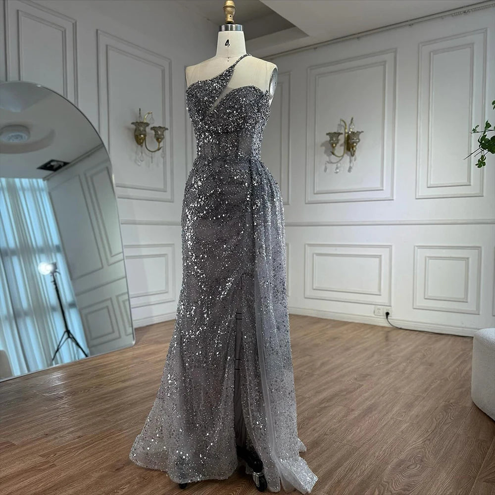 Luxury Silver Gray Crystal Beaded One Shoulder Evening Dress with Overskirt LA73160