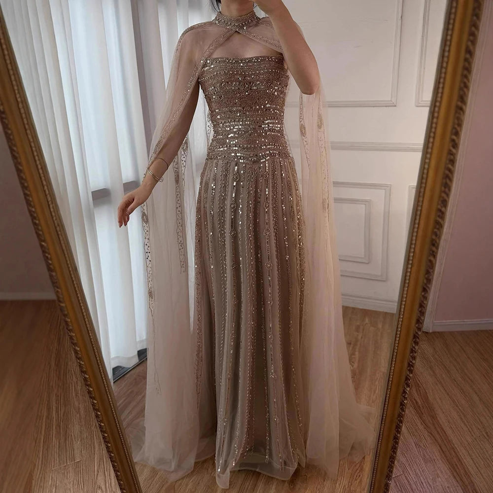 Luxury Caramel A-Line Beaded Evening Dress for Dubai Occasion LA72873