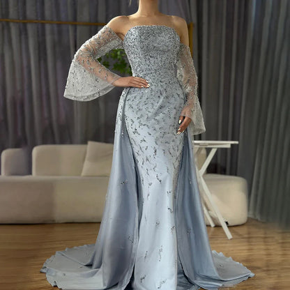 Luxury Blue Beaded Pearls Evening Dress with Removable Overskirt LA72705