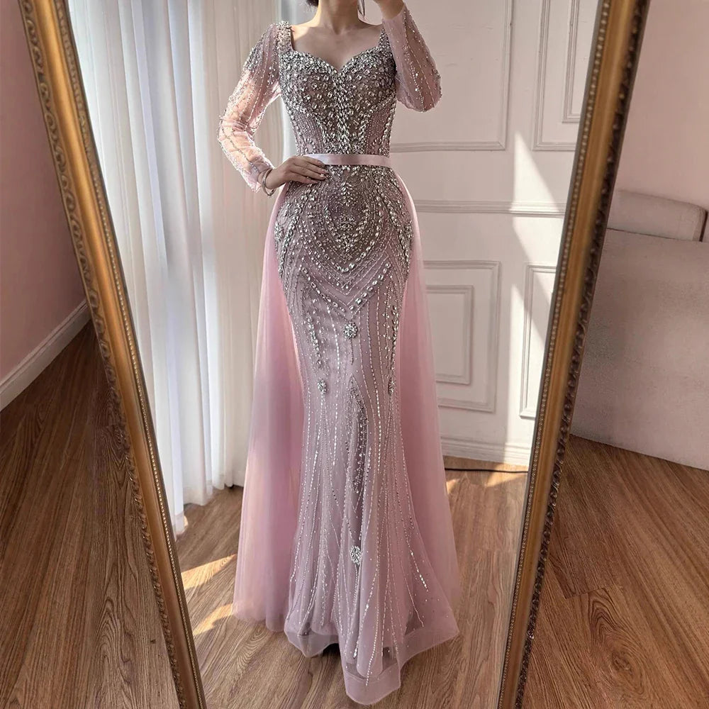 Luxury Nude Beaded Mermaid Evening Dress with Overskirt LA73190