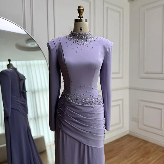 Luxury Muslim Modest Lilac Beaded Long Sleeve Evening Dress LA73093