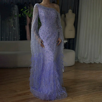 Luxury Feather One Shoulder Evening Dress with Cape Sleeves LA72763