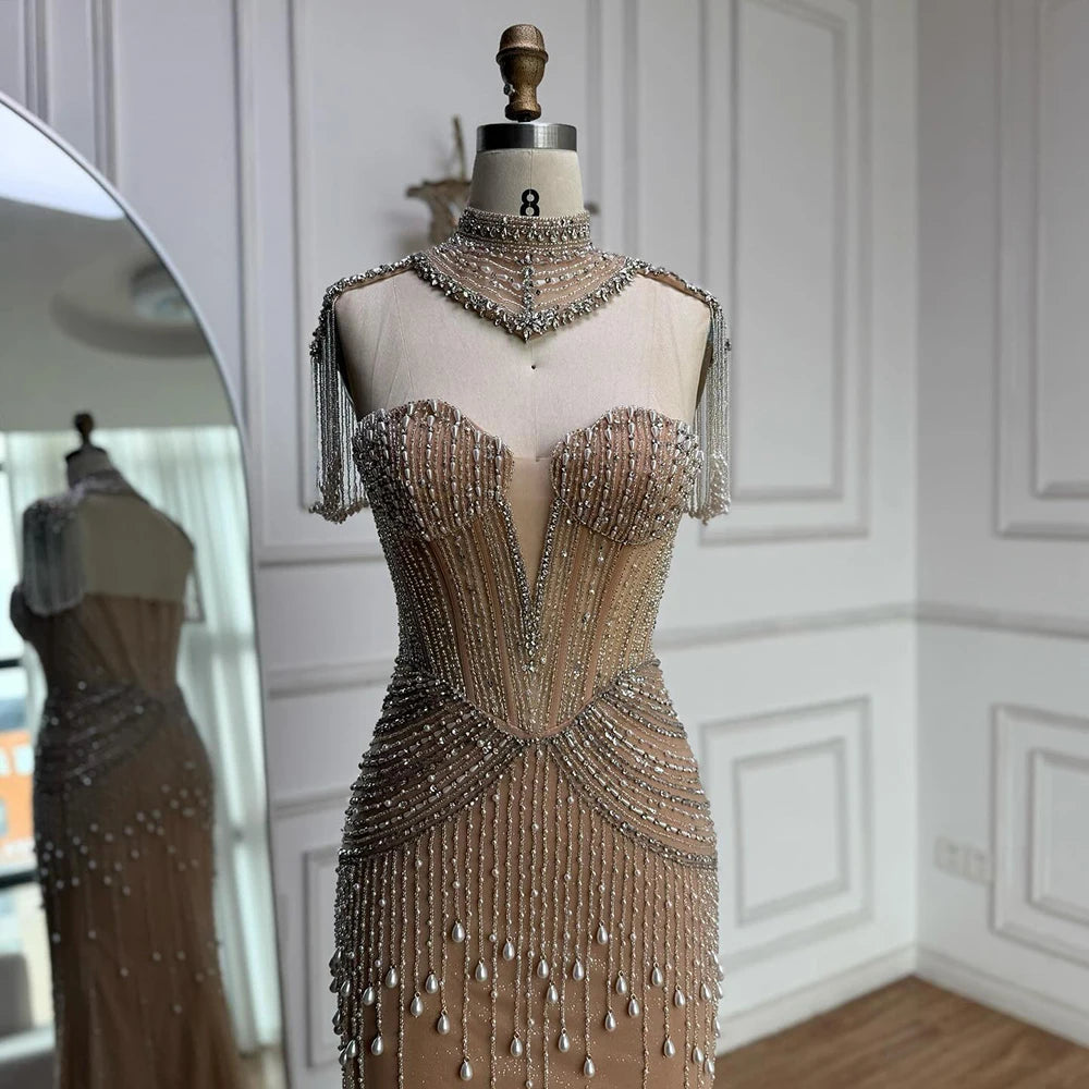 Luxury Nude Pearl Beaded Tassel Mermaid Evening Dress LA73183