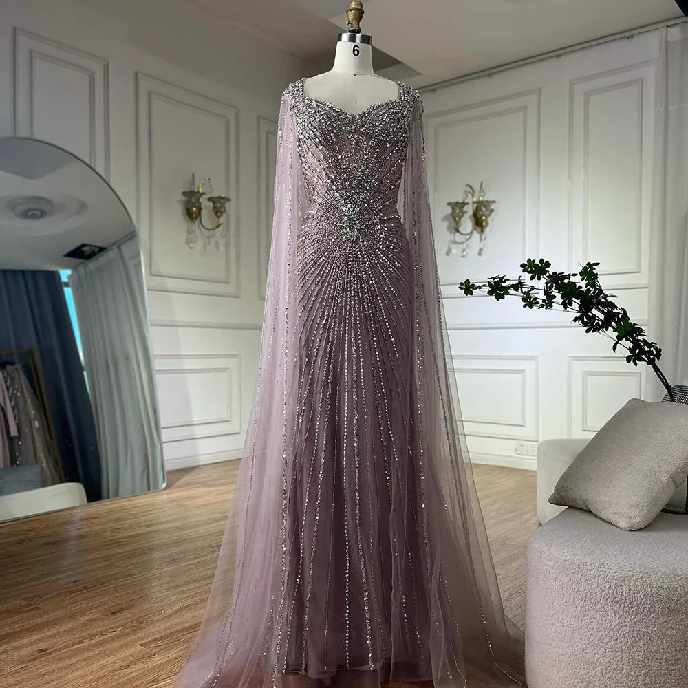 Luxury Dubai   Nude Cape Sleeves Beaded Saudi Arabic Evening Dresses Gowns for Formal Occasion LA72575A