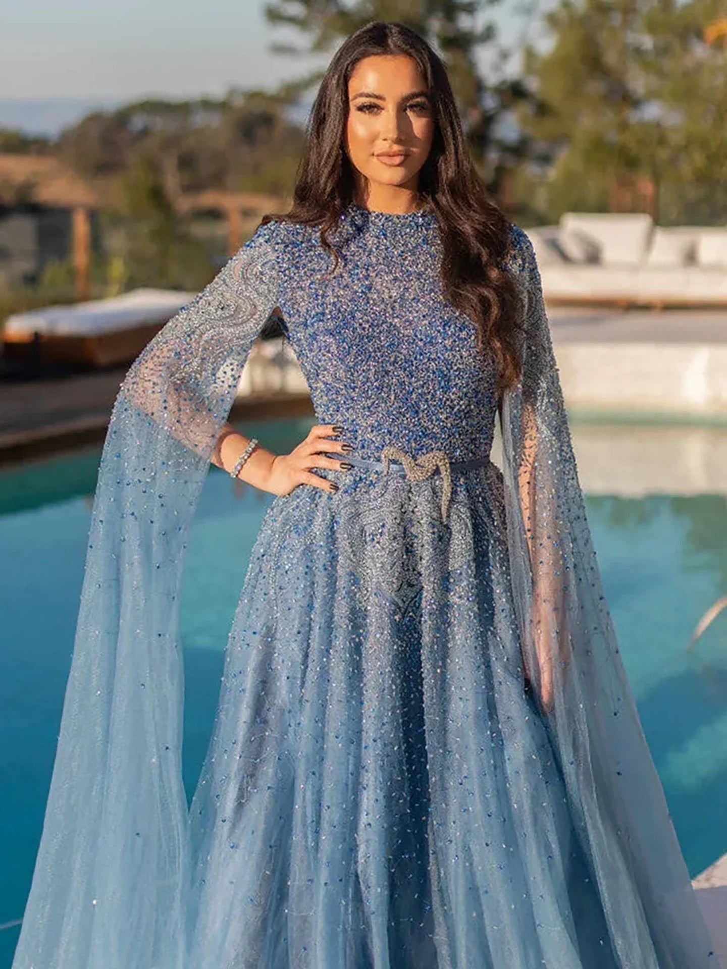 Luxury Blue A-Line High Neck Beaded Evening Dress with Cape Sleeves LA70066B