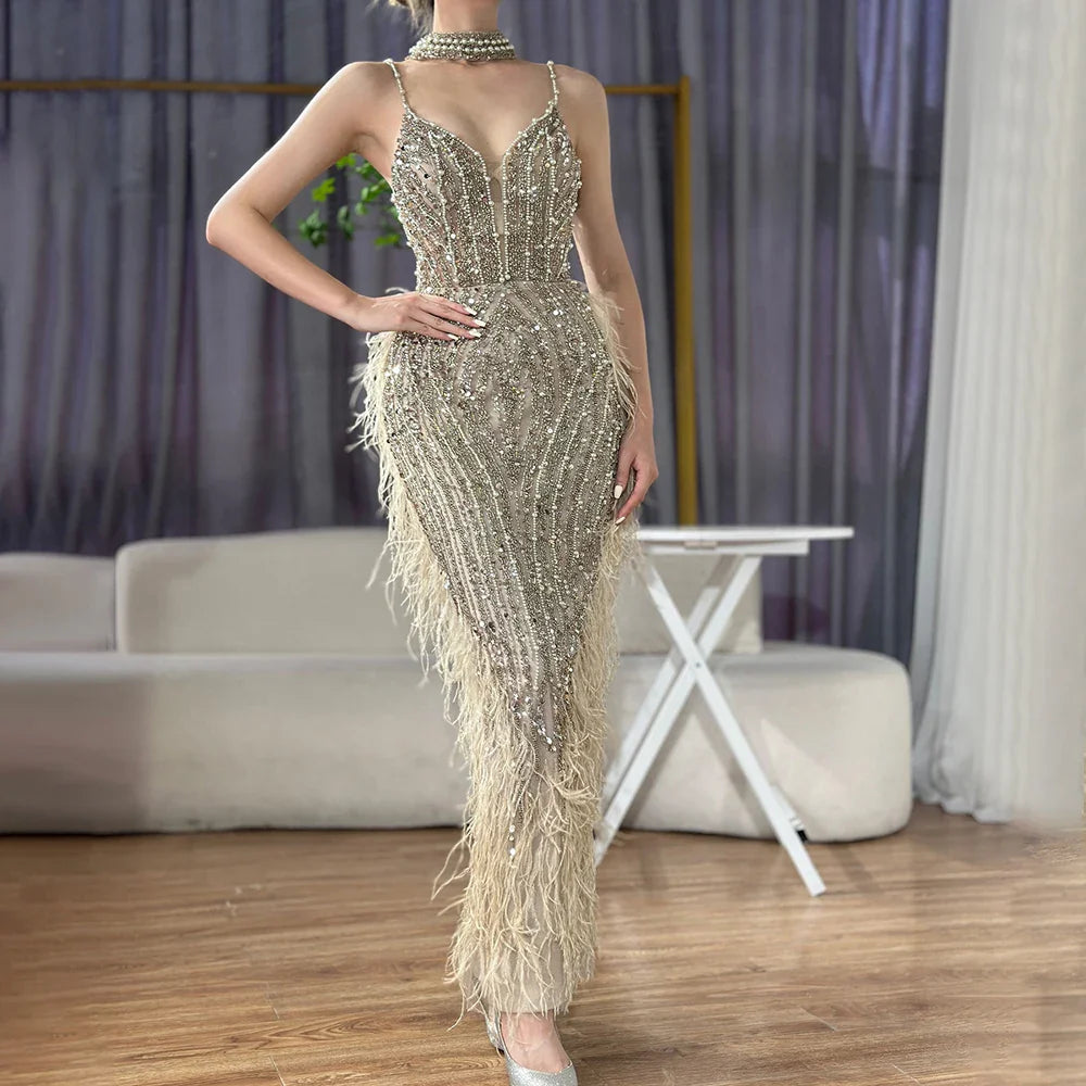 Luxury White Nude Mermaid Spaghetti Strap Beaded Feather Evening Dress LA72047