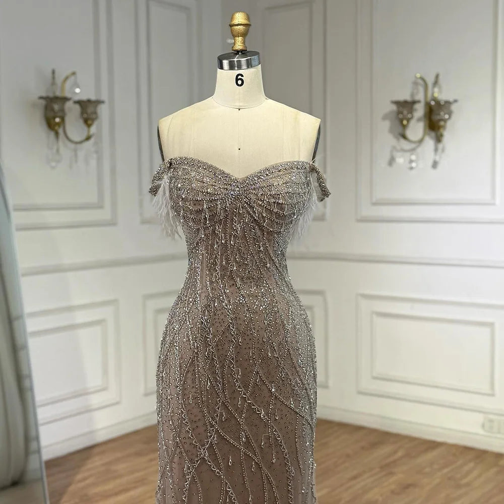 Luxury Dubai Nude Beaded Mermaid Evening Gown with Feather Formal Occasion LA72818