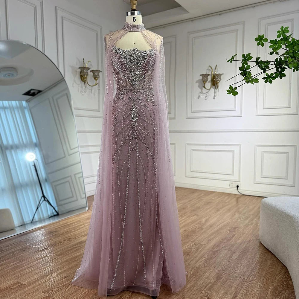 Luxury Dubai Nude Mermaid Evening Dress with Cape Sleeves LA73195