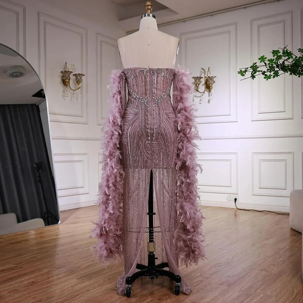 Luxury Caramel Beaded Mermaid Evening Dress with Feather Sleeves LA73055
