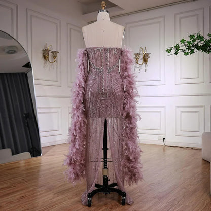 Luxury Caramel Beaded Mermaid Evening Dress with Feather Sleeves LA73055
