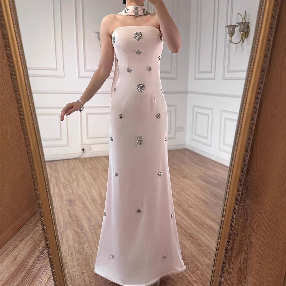 Luxury Blue Arabic Mermaid Crystal Evening Dress with Cape LA73100