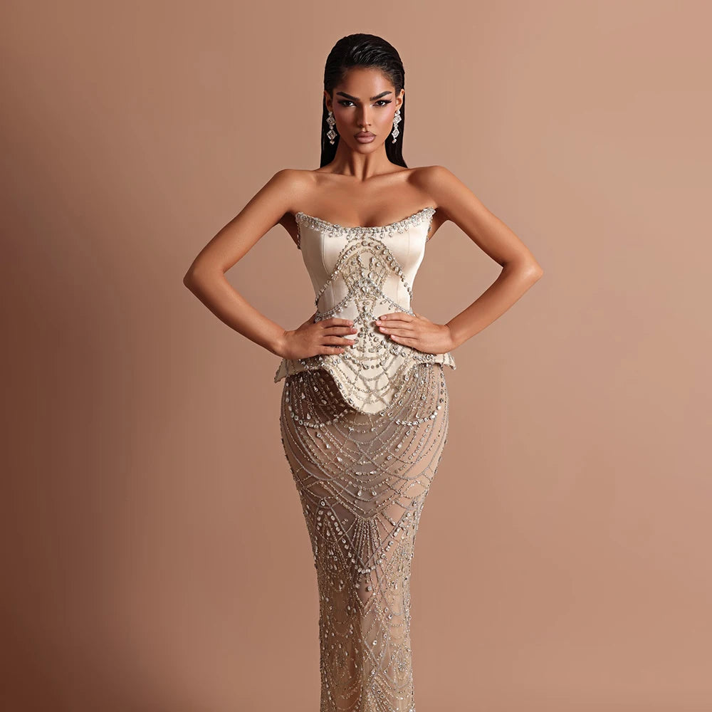 Luxury Nude Beaded Strapless Mermaid Evening Dress LA73166