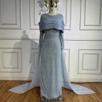 Arabic Blue Mermaid Evening Dress with Beaded Tassels LA72374A
