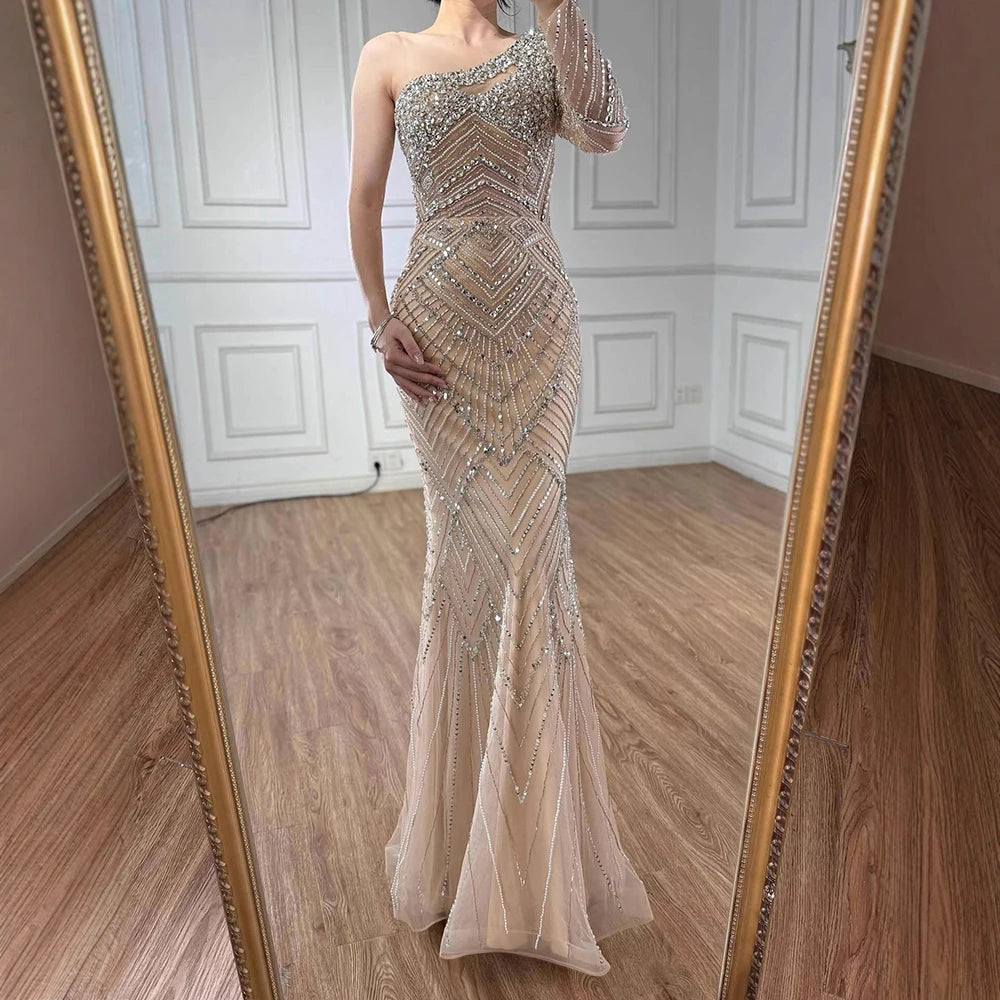 Luxury Nude One Shoulder Long Sleeve Beaded Evening Dress LA73180