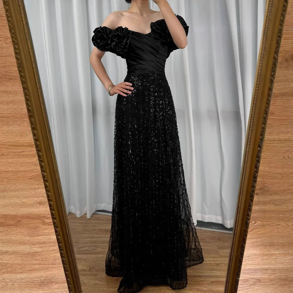 Luxury Black Off Shoulder Sequin Evening Dress with Floral Sleeves LA73096