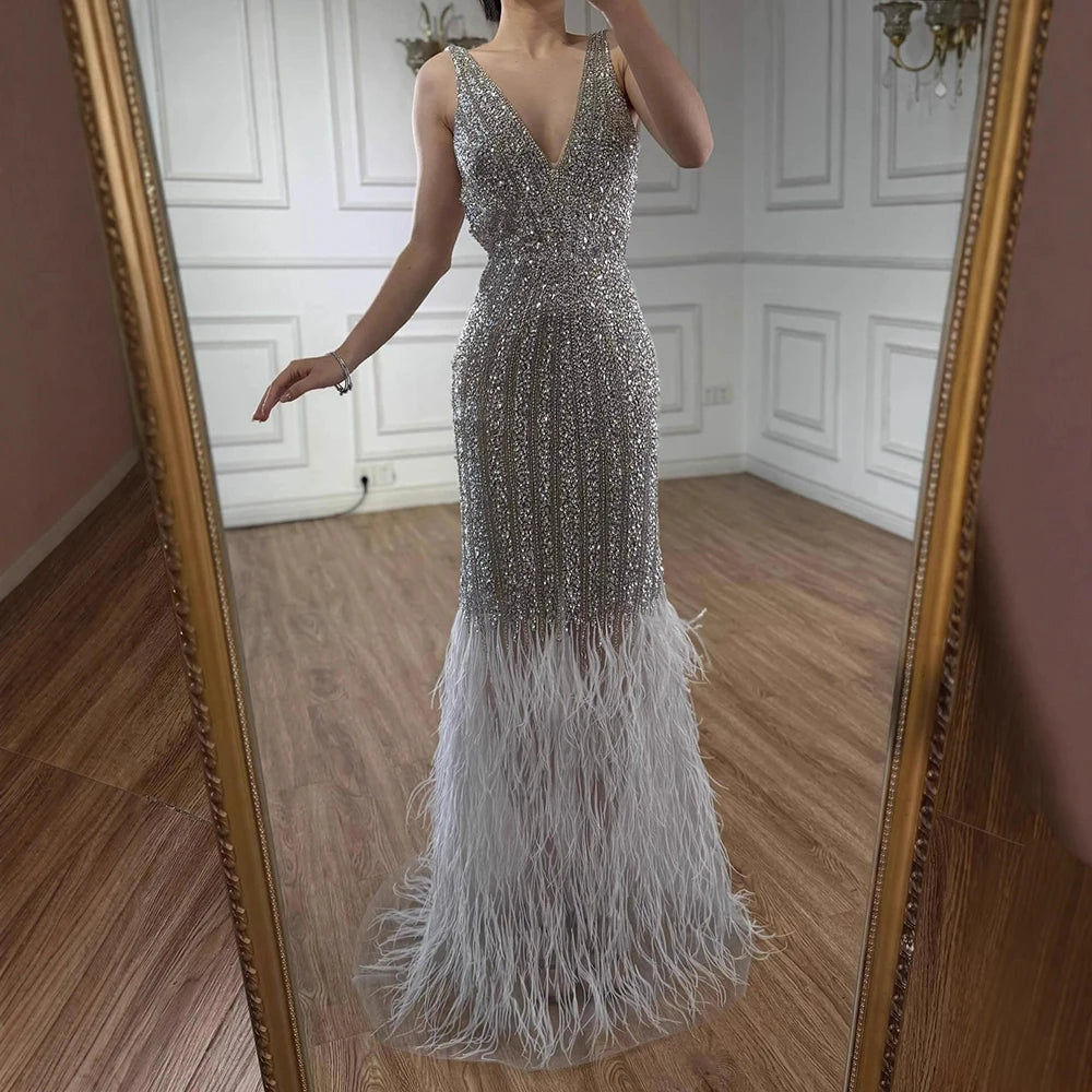 Luxury Silver Feather Mermaid V-Neck Evening Dress LA60749