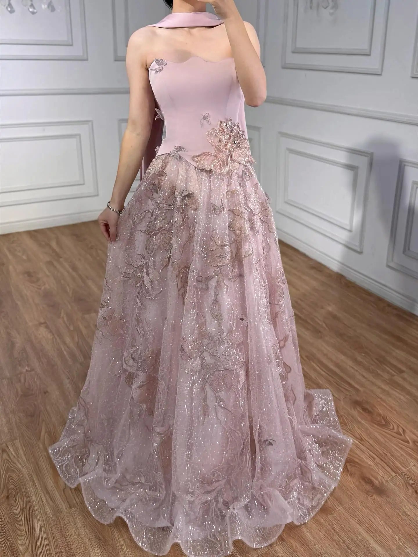 Luxury Pink Two Pieces A-Line Evening Dress with Cape LA73415