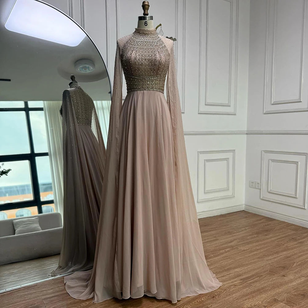 Luxury Caramel Chiffon Beaded Evening Dress with Cape LA73144