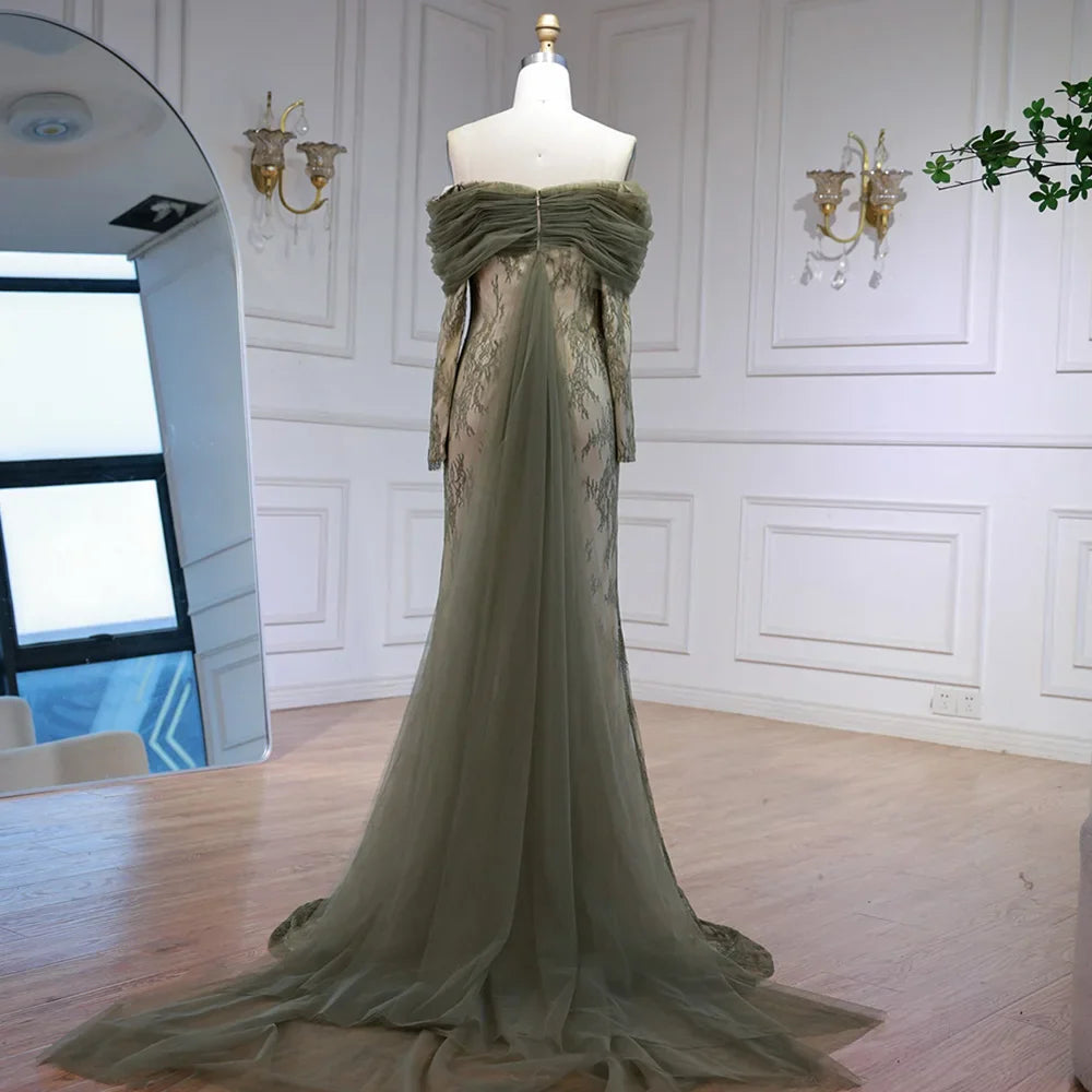 Elegant Olive Green Evening Dress with Lace Sleeves LA72942