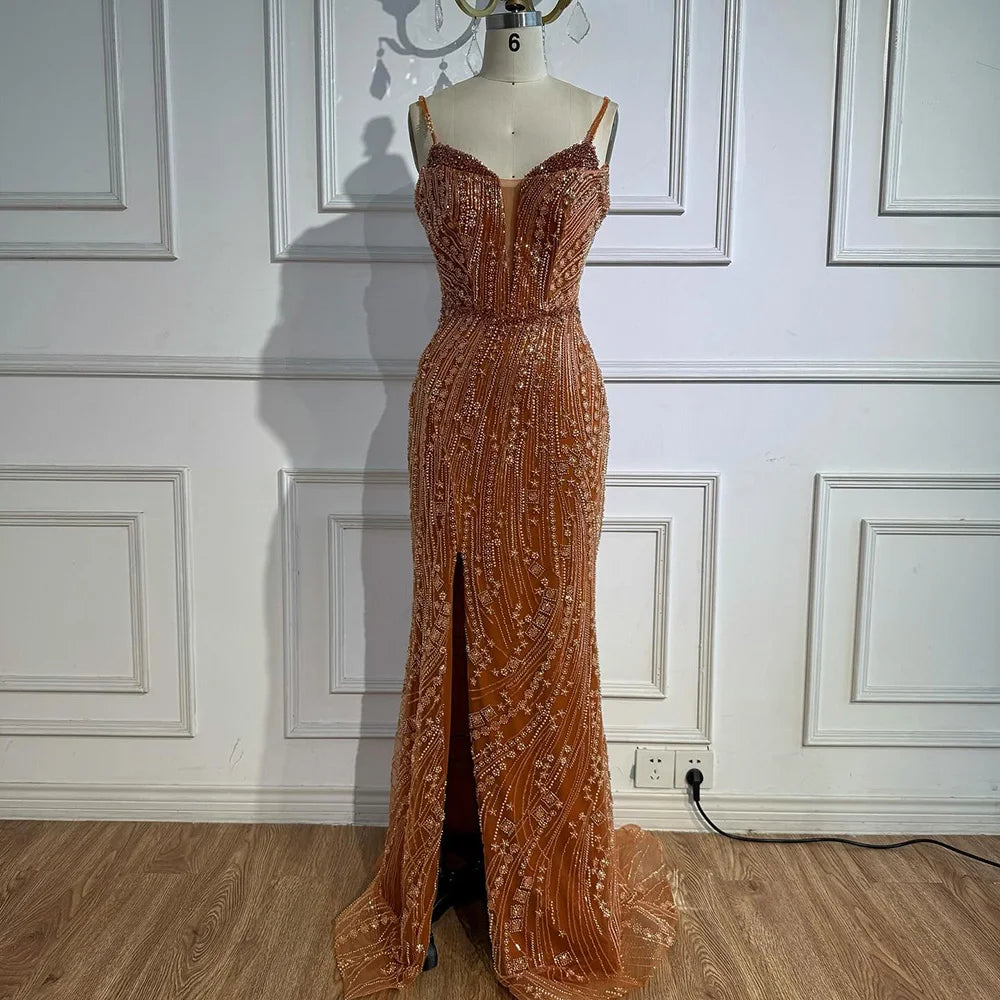 Orange Beaded Mermaid Evening Dress with Slit Spaghetti Straps LA72542