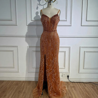 Orange Beaded Mermaid Evening Dress with Slit Spaghetti Straps LA72542