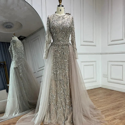 Luxury Dubai Turquoise Beaded Evening Dress with Tulle LA72601