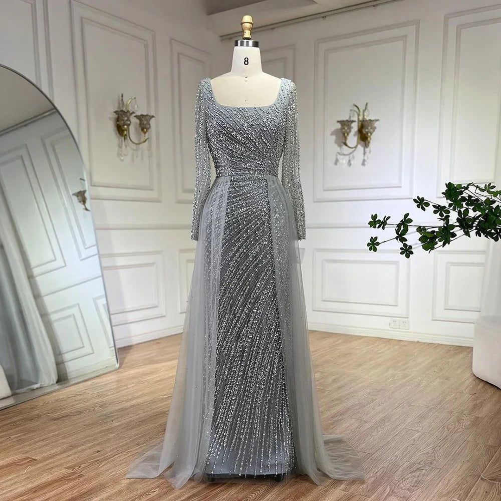 Luxury Gray Beaded Mermaid Evening Dress with Detachable Skirt LA71618L