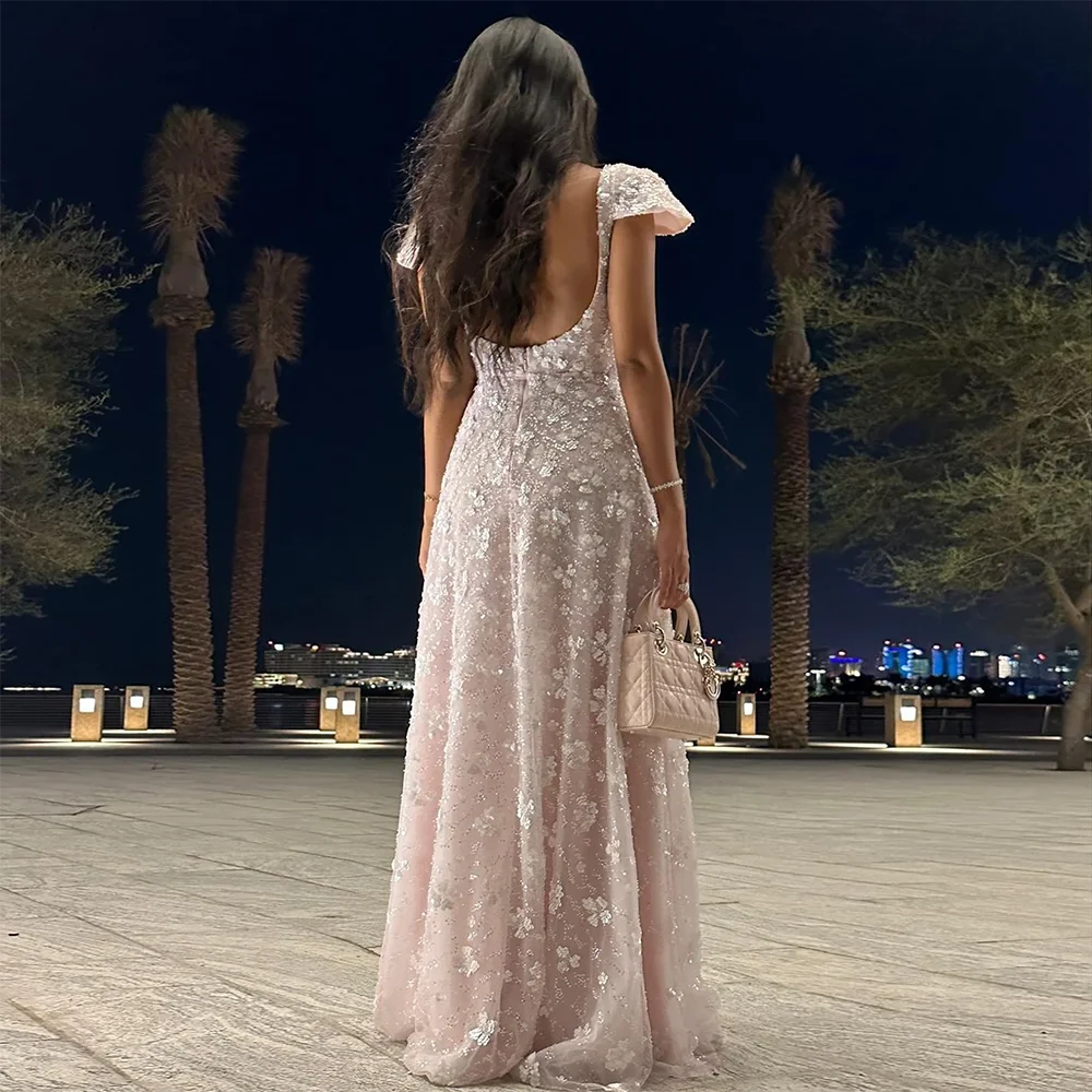 Luxury Pink Floral Appliqué Evening Dress with Open Back 2025 LA73119