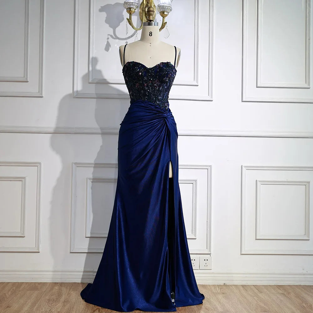 Luxury Light Green Satin Prom Dress with Lace and Slit LA73032A