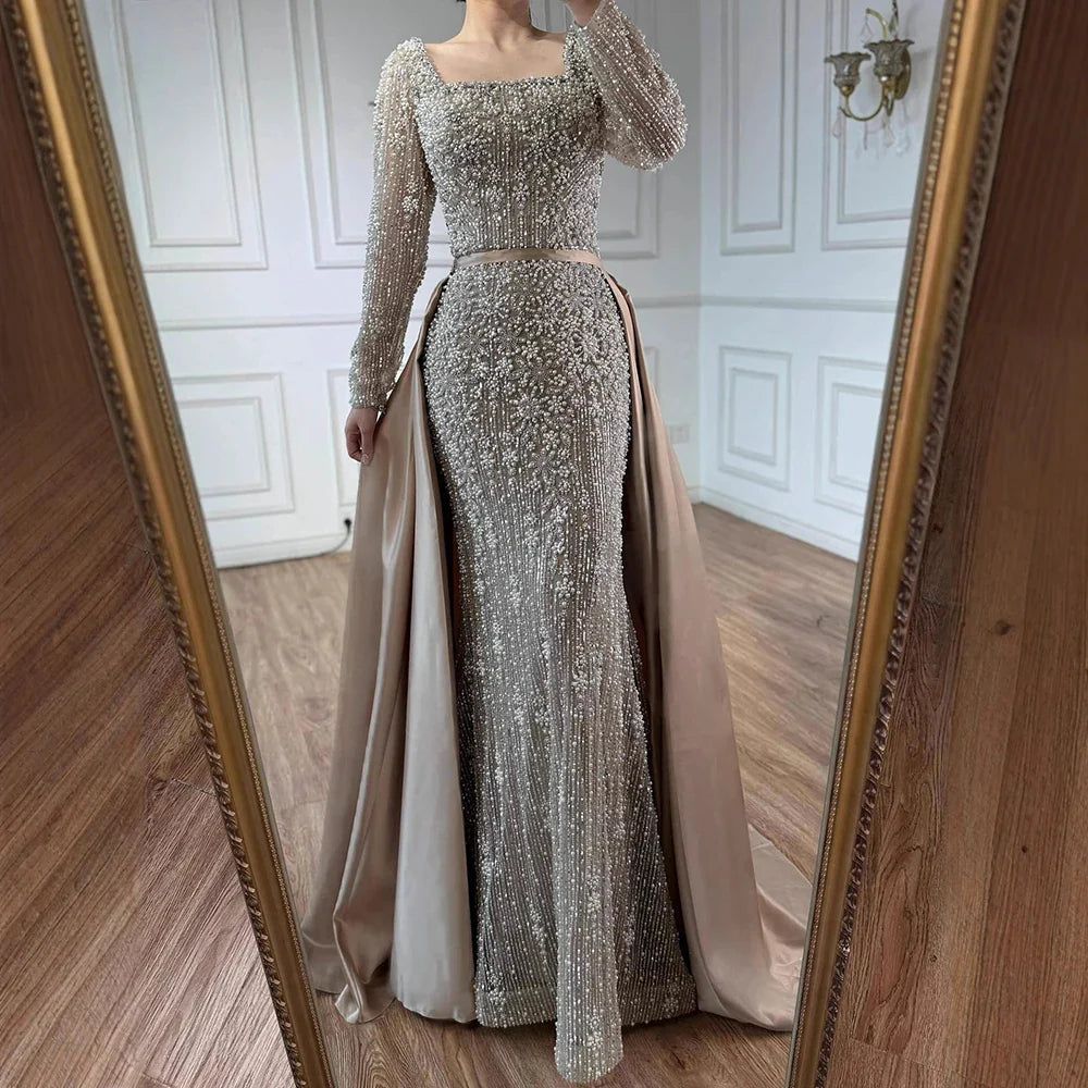 Luxury Arabic Turquoise Mermaid Beaded Evening Gown with Overskirt LA72533A